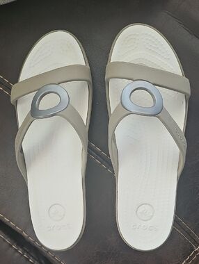 CROCS Women’s Taupe Strap Sandals with White Footbed